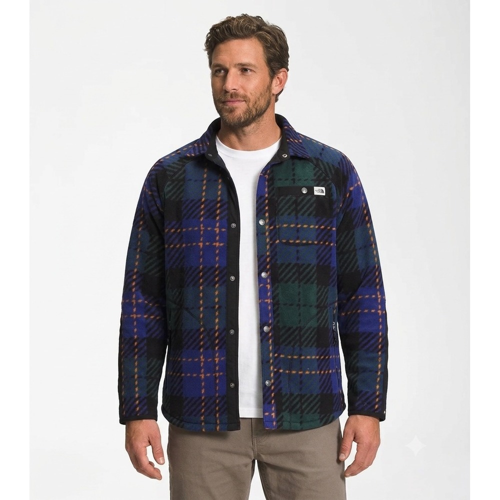 The North Face Gordon Lyons Plaid Fleece Snap Front Shirt Jacket Blue Green M